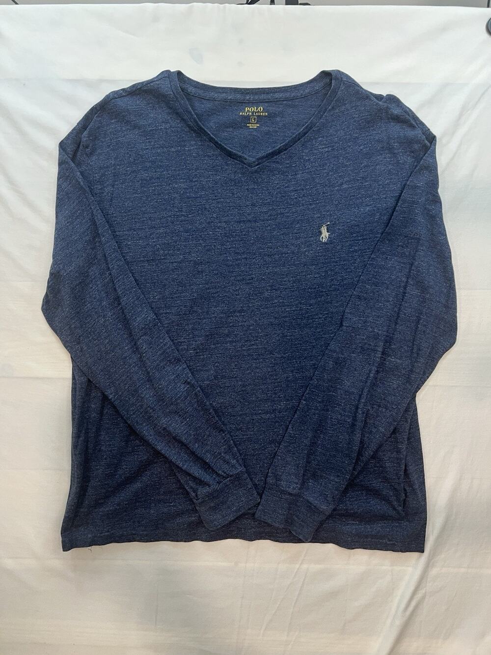 Men's Blue T-Shirt Casual Regular Fit Long Sleeve V-Neck Pullover Size Large